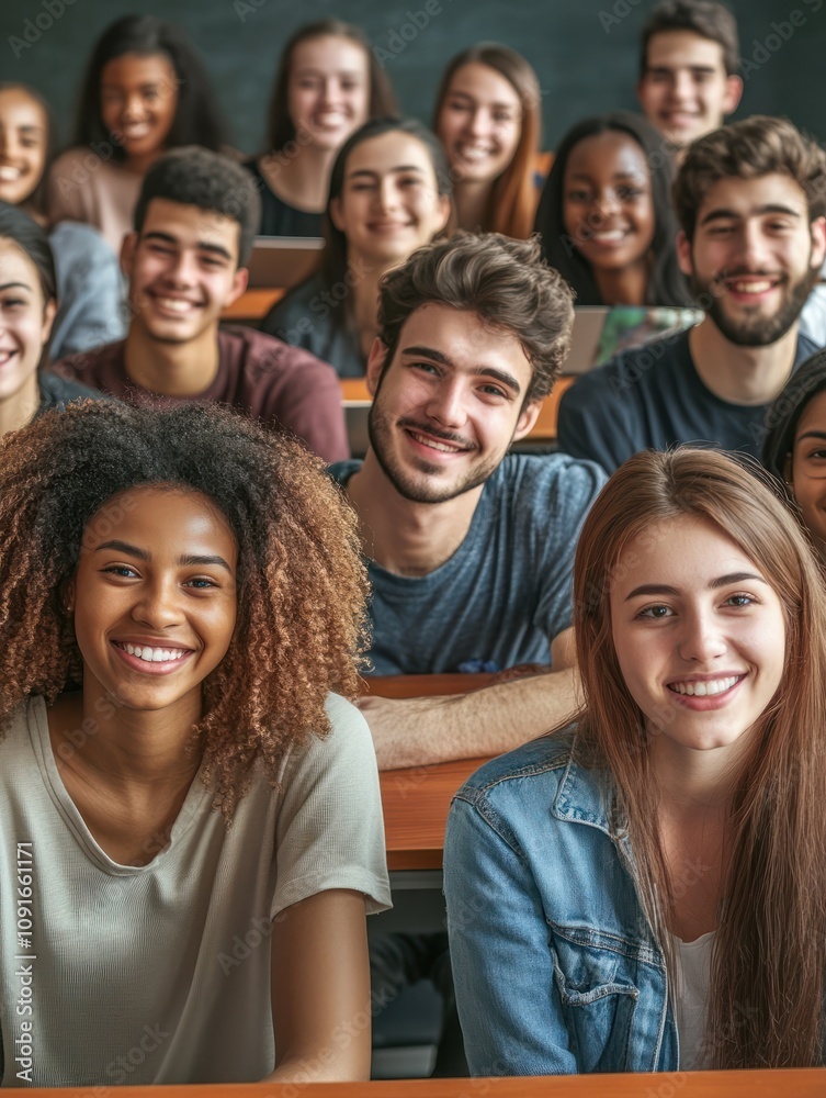 Obraz premium Multi-ethnic group of university students smiling in a classroom