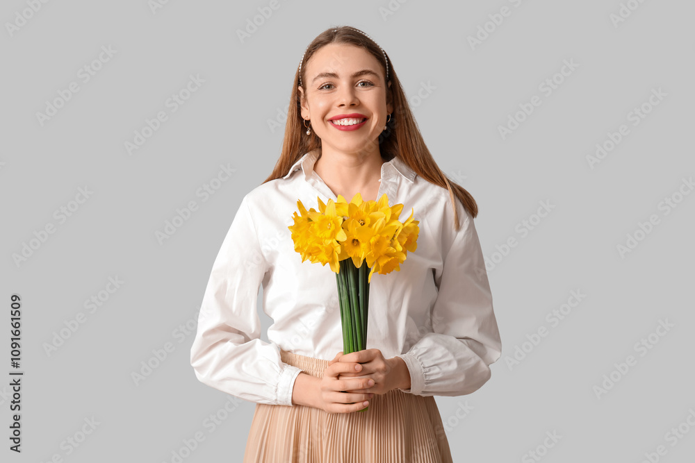 Happy young woman with bouquet of daffodil flowers on grey background Happy young woman with bouquet of daffodil flowers on grey background