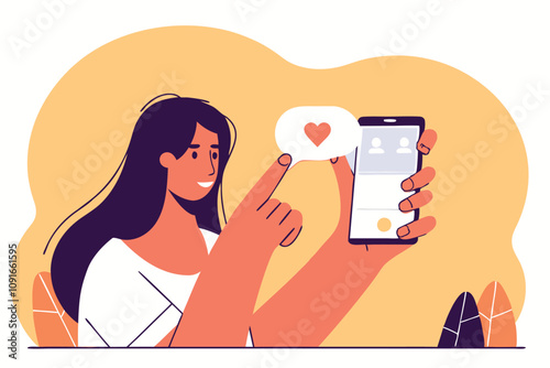 Girl collecting likes in social media. Social media addiction concept. Vector flat illustration