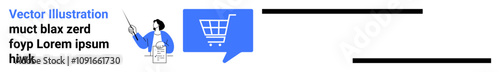 Stylized online instructor pointing to text, blue shopping cart icon in speech bubble, three horizontal lines. Ideal for online learning, e-commerce, digital marketing, tutorials, webinars