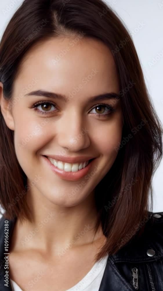 Confident young woman with short brown hair, smiling and wearing a black leather jacket against a light background. Confident young woman with short brown hair, smiling and wearing a black leather jacket against a light background.