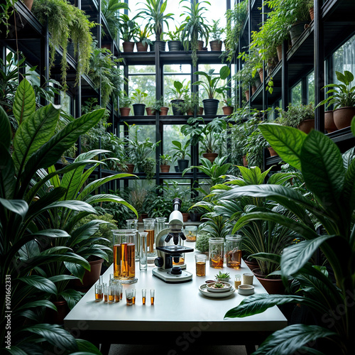 A laboratory greenhouse nurtures exotic plants. Advanced sensors monitor every environmental factor. The future of tropical farming is in precision science. Nano-tech. AI. photo