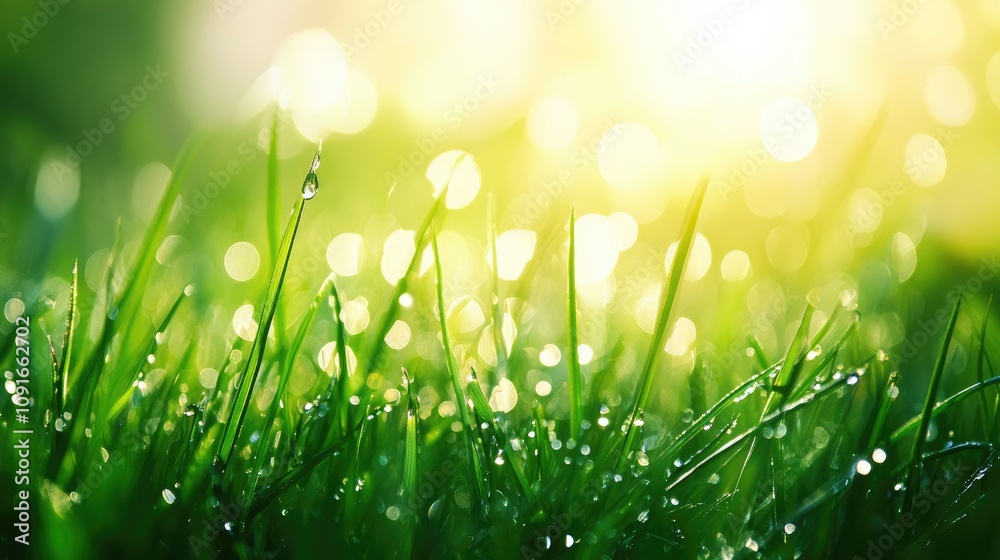 Fresh green grass with dew drops in morning sunny lights. Beautiful natural background. Spring or summer concept Fresh green grass with dew drops in morning sunny lights. Beautiful natural background. Spring or summer concept
