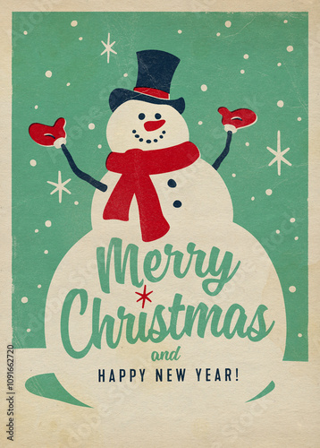 Vintage Style Christmas Illustration with realistic vintage prepress print effects on aged old paper - Merry Christmas and Happy New Year! Postcard or Poster.