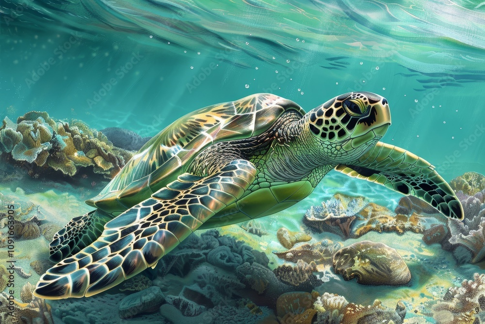 Obraz premium Beneath the surface, a green sea turtle swims calmly amidst colorful coral formations, highlighting the rich biodiversity of the ocean’s ecosystem.