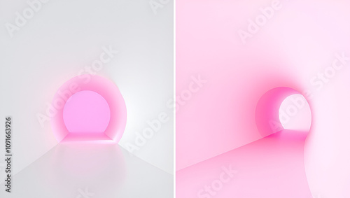 A white tunnel with a pink light at the end and a pink tunnel with a light at the end, respectively photo