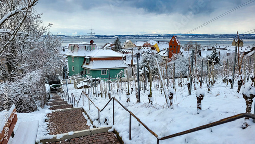 View of winter morning Meersburg in Germany and Obertor. In the foreground - vineyards covered with white fluffy snow, green house and steps down. On the back - lake Constance and Switzerland. photo