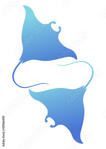Ilustración de vida marina. Silueta aislada de 2 manta raya gigante girando en círculo 