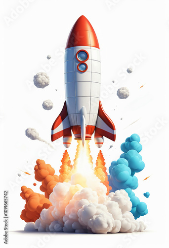 Cartoon rocket ship launching surrounded by smoke and fire on a white background, representing startup, innovation, and exploration.