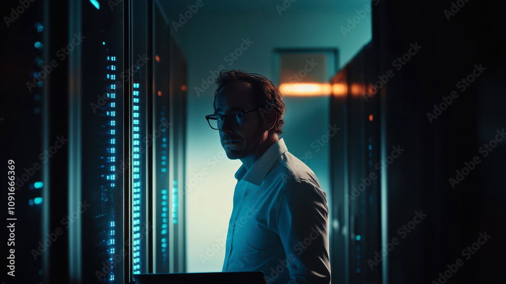 Fototapeta premium IT Professional Monitors Server Performance in a High-Tech Data Center at Night
