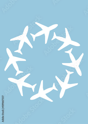 Banner con grupo de aviones formando una estrella o copo de nieve. Logo de transporte aéreo. Viajes en avión 