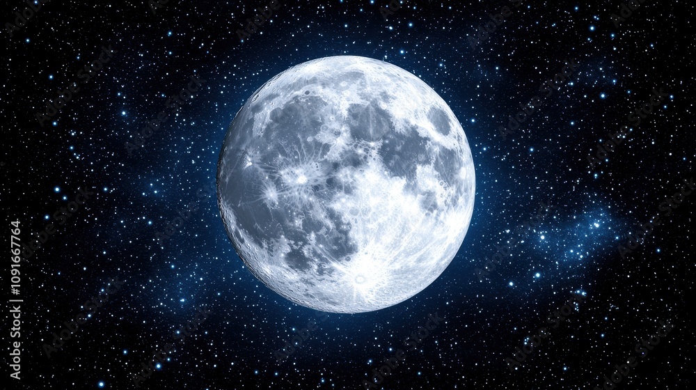 Naklejka premium Full Moon in Starry Night Sky Astronomy Space Celestial Night Universe Galaxy Cosmos Moon Stars