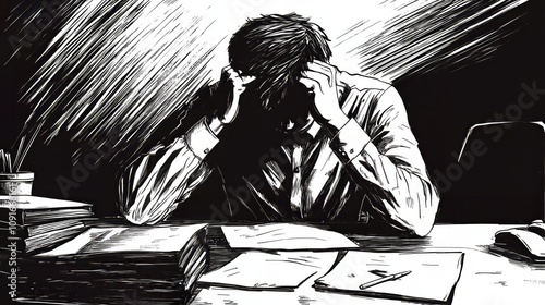 depressed office worker, black and white ink comic style - Generative AI photo