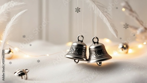 Two silver bells in a snowy white backdrop. The picture hints Christmas wonder and excitement. The background is composed of snowflakes, feathers and decorations. Christmas wallpaper.