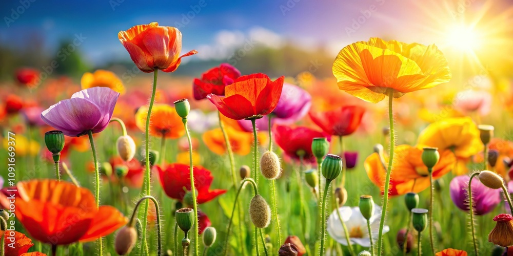 Fototapeta premium Colorful poppy flowers blooming in a green field on a sunny day, pink, blossoms, spring