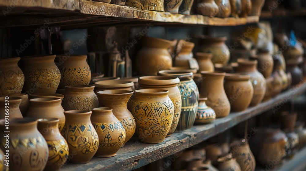 Fototapeta premium Handcrafted pottery collection on rustic wooden shelves