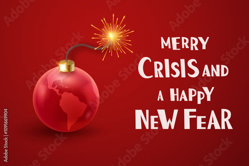 Satirical Christmas card with a red globe ornament designed as a bomb with a lit fuse with Merry Crisis and a Happy New Fear text