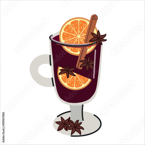 Mulled wine. Hot drink with oranges, cinnamon and star anise. Vector illustration in flat style. White isolated background.