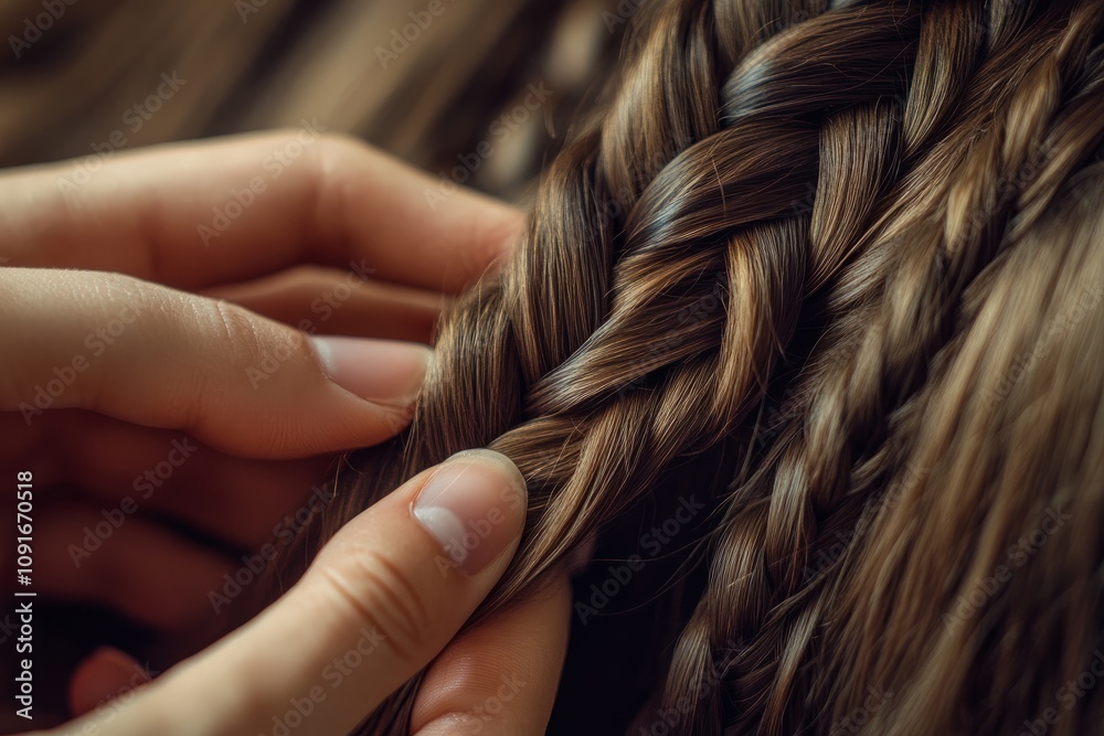 Intricate braiding technique showcases the artistry of hairstyling in an intimate indoor setting during a peaceful afternoon