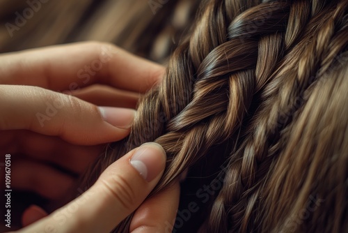 Obraz na płótnie Intricate braiding technique showcases the artistry of hairstyling in an intimate indoor setting during a peaceful afternoon w salonie