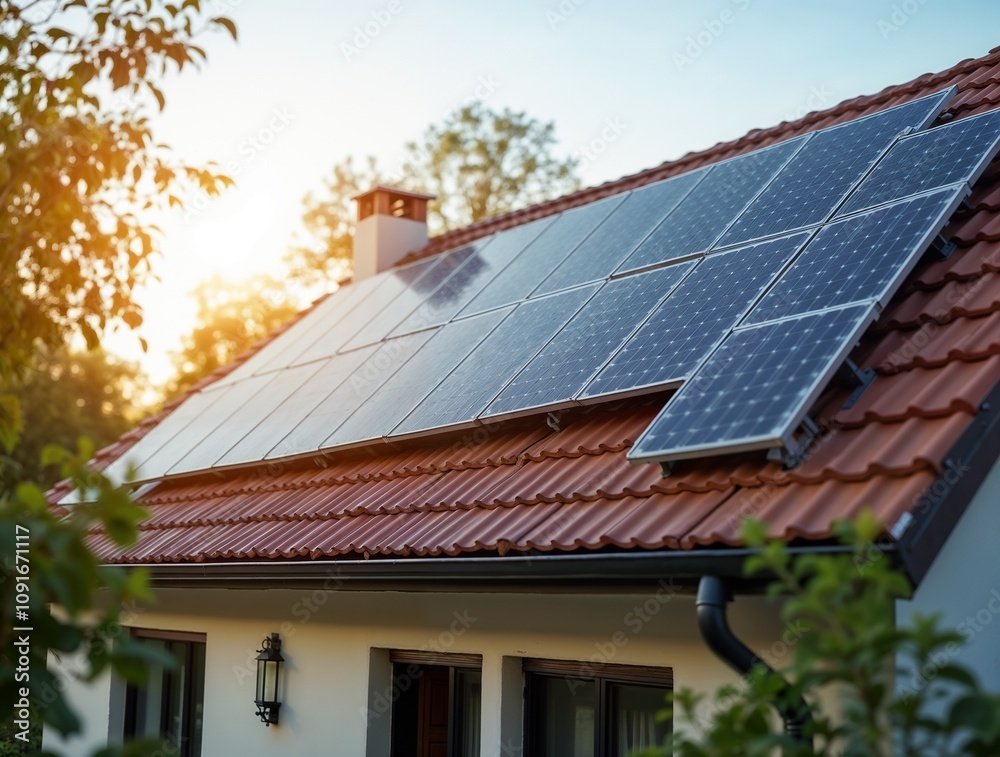 portrait of a charming wooden house with a green roof, equipped with solar panels on its roof, surrounded by a lush garden. portrait of a charming wooden house with a green roof, equipped with solar panels on its roof, surrounded by a lush garden.