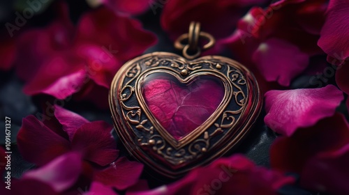 Crimson Heart Pendant Amidst Rose Petals: A Romantic Still Life photo