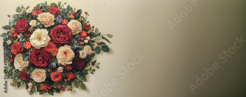 Banner with Biedermeier bouquet with white and red roses on olive color background.