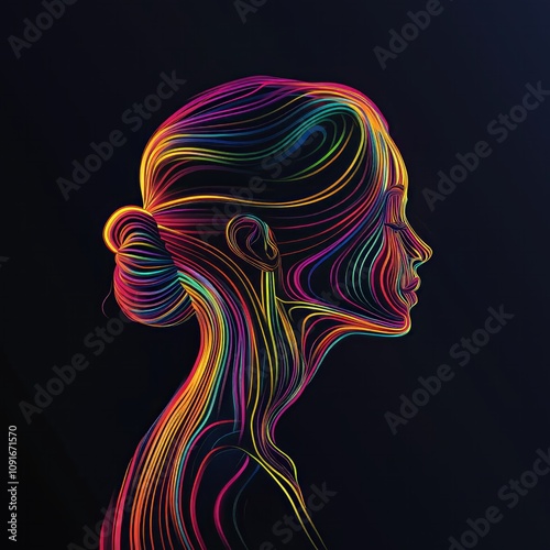 the silhouette of a person, filled with colorfull lines, and these are getting together to the inside of the head, on a black background  - generative ai photo