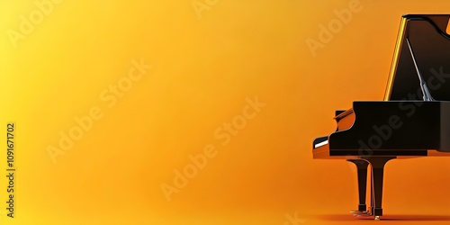 An elegant piano placed to the right, standing alone against a wide orange background with space for text --ar 2:1 --s 50.