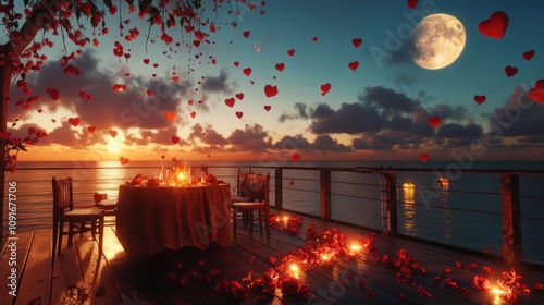 Romantic oceanside dinner sunset hearts flowers