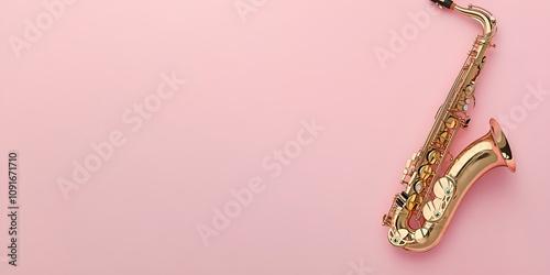 A solitary saxophone isolated on the right side, against a wide pink backdrop with space for text. 