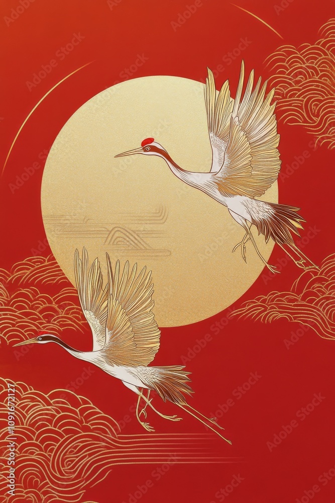 Obraz premium Elegant cranes soar through a golden sunset over wispy clouds in vibrant red