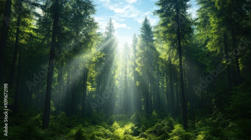 Rays of sunlight stream between the tall, green trees in a tranquil forest setting, highlighting the vibrant foliage and creating a peaceful atmosphere