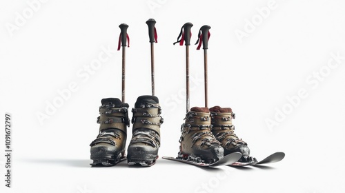 Stylish Ski Boots with Ski Poles Isolated on White Background Perfect for Winter Sports and Mountain Adventures Featuring Modern Design and Unique Colors photo