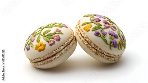 A Detailed and Elegant Macaron Embellished with Floral Patterns Captured in Studio Settings with Artistic Food Styling Techniques photo