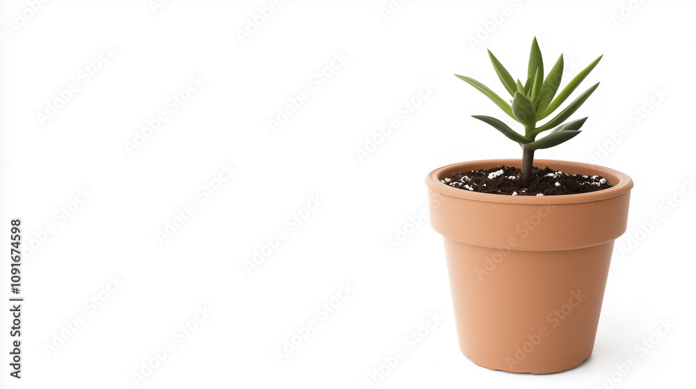 Fototapeta premium A close-up of a small plant in a pot, centered on a white background, no shadow present