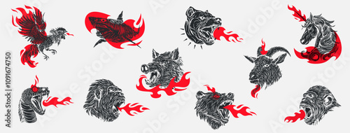 Hand drawn illustration animals and birds with red flames in retro vintage style. Set vector silhouette character for tattoo, mascot. Rooster, shark, dog, goat, unicorn, boar, snake, monkey, bear.