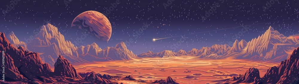 Obraz premium Alien planet landscape with orange mountains and distant moon under starry sky. Pixel art style for sci-fi and space exploration concepts. Generative AI
