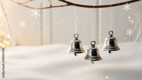 Three silver bells hanging on a branch in in a minimalist snowy background. The background comprises of snowflakes and feathers evoking the Christmas wonder and excitement.