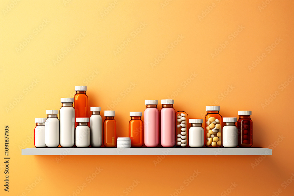 Fototapeta premium A medicine pill bottle placed on a shelf with an orange background, emphasizing healthcare and pharmacy themes