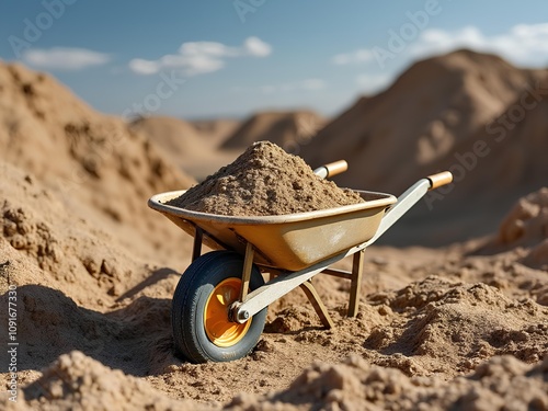 Wheelbarrow filled with sand in a construction side photo