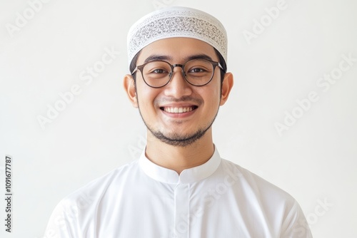 asian muslim man wearing white clothes smiling to give greeting during ramadan