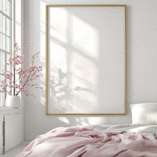 Bright bedroom with minimalistic decor featuring a large empty frame and soft bedding