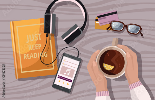 Book, coffee, mobile phone and earphones, on wooden table, flat lay.