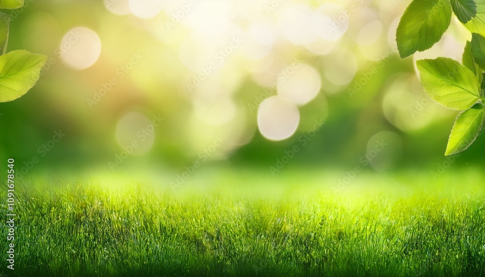 Fototapeta premium spring background abstract banner green blurred bokeh lights panorama header