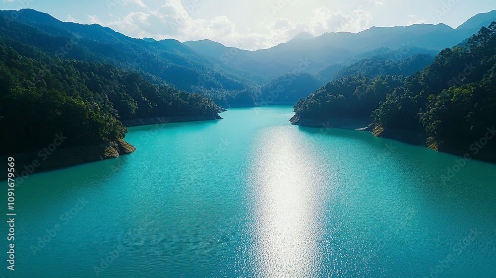 Obraz premium Incredibly beautiful reservoir with the perfectly surface of turquoise water on a sunny day. Discover the beauty of world.