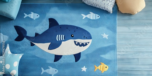 Blue Shark Ocean Rug for Kids Playroom Nursery Bedroom Home Decor photo