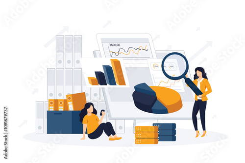 Office workers organizing data storage and file archive on server or computer. PC users searching documents on database. Vector illustration for information technology, source concept	