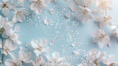 Delicate white cherry blossoms with subtle silver glitter on a soft sky blue vertical background, creating a beautiful baby girl birth announcement design.