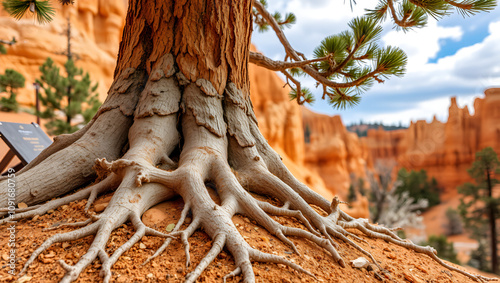 Outdoor view of roots out of the ground of pinyon pine tree in Bryce Canyon National Park Utah photo